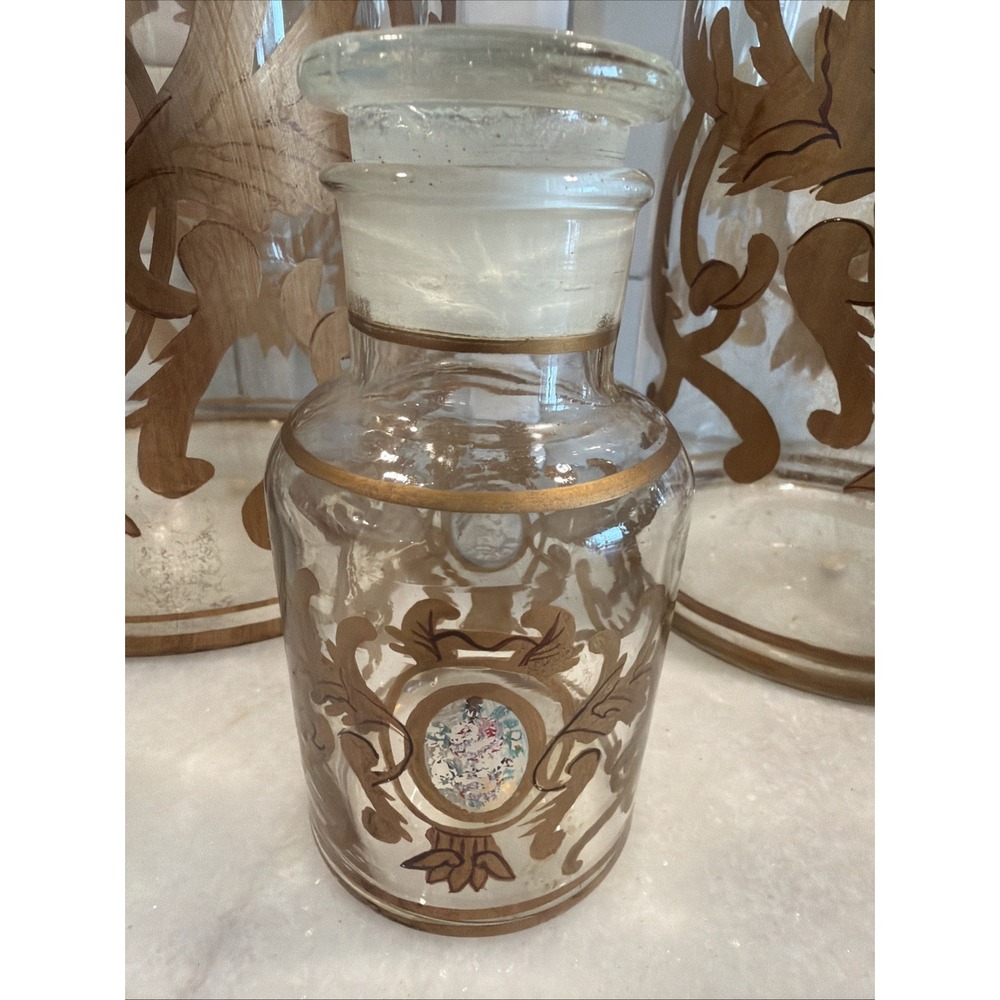Set Of 5 Antique Clear Glass Apothecary Pharmacy Lidded Jars Gold Hand Decorated - Picture 3 of 16